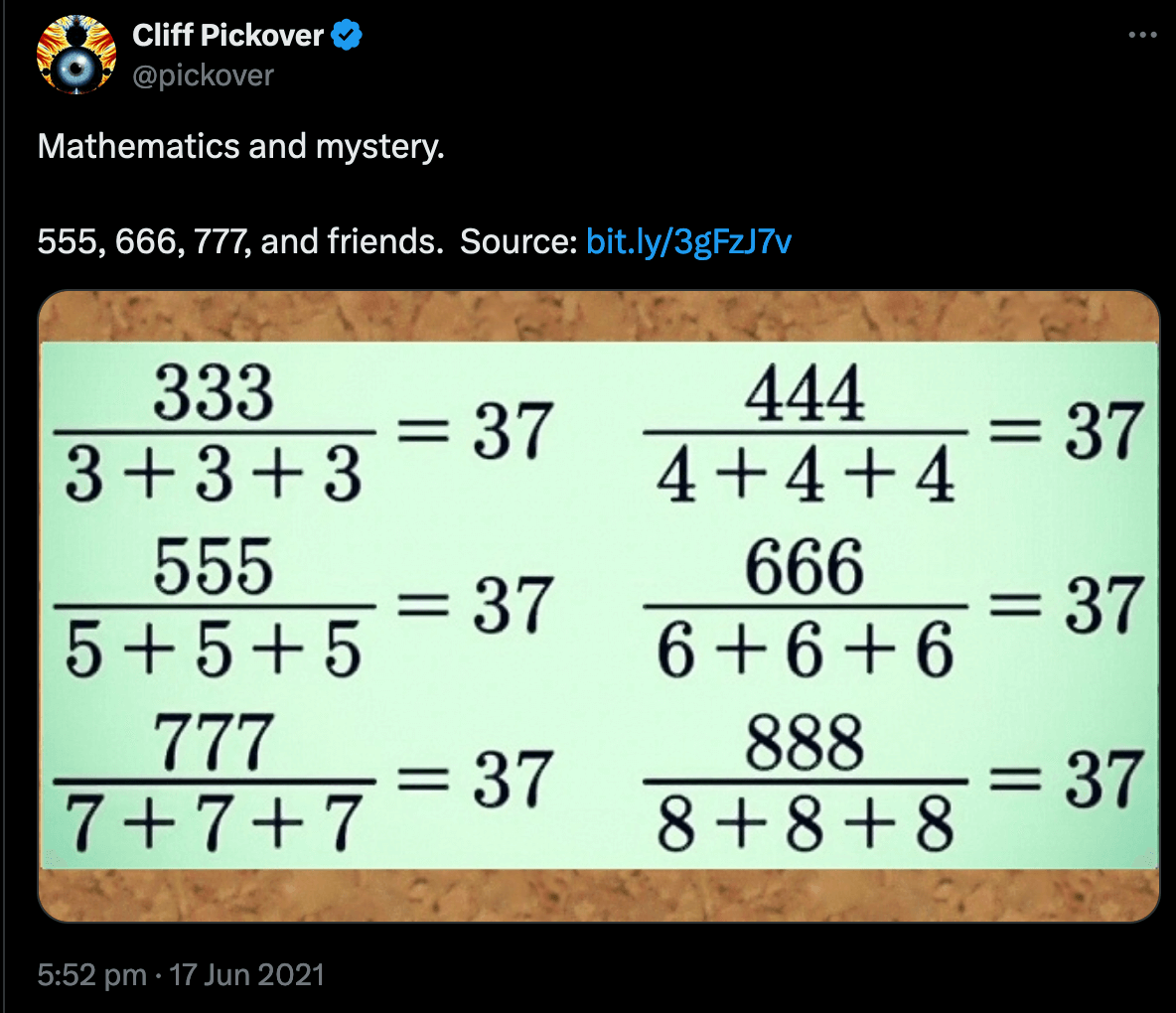 Mathematics and mystery.555, 666, 777, and friends.